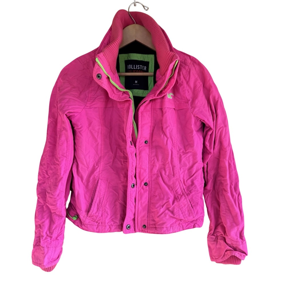 Hollister California Winter Jacket Hot Pink Neon Green Zipper Women's Sz Medium